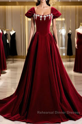Wine Red Velvet Long Formal Dress With Beadings, Wine Red Semi Formal Prom Dress